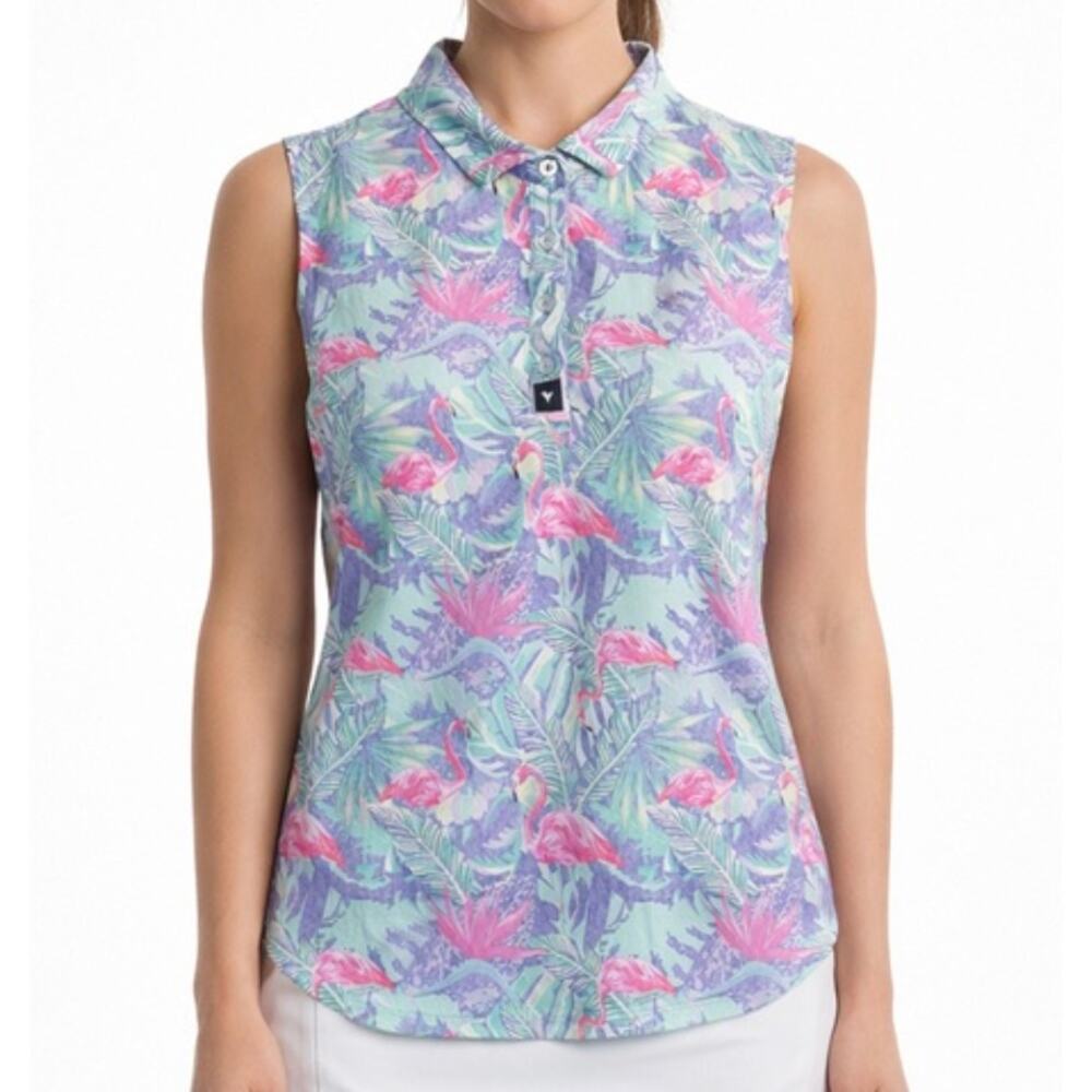 Bad Birdie Sleeveless Golf Polo Collared Womens Pink Purple Flamingo Print Large